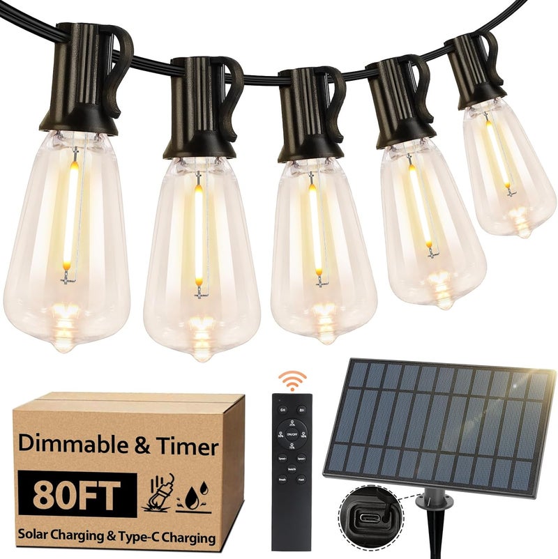 Bosceos Solar Outdoor String Lights Waterproof, 80FT Solar Powered String Lights for Outside with Shatterproof Bulbs, Dimmable ST38 LED Lights String, Patio Hanging Lights for Backyard Garden Party - Image 1